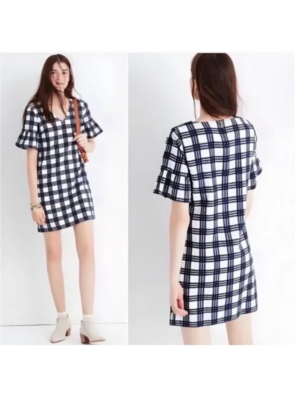 Madewell Bell Sleeve Mini Dress in Leighton Plaid Blue & White Size 4